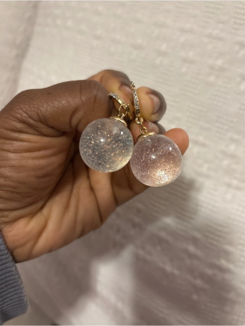 Gold Hoop Drop Earrings with Clear Glitter Globe - Picture 4 of 6